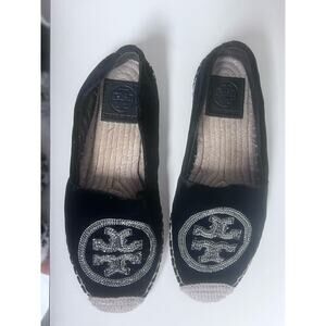 Tory Burch Black Velvet Espadrille Flats with Silver Logo Embroidery